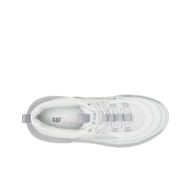 Grey sneaker side view with lace-up closure and CAT logo on tongue