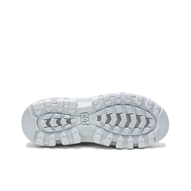 Grey chunky rubber outsole with deep tread pattern for traction