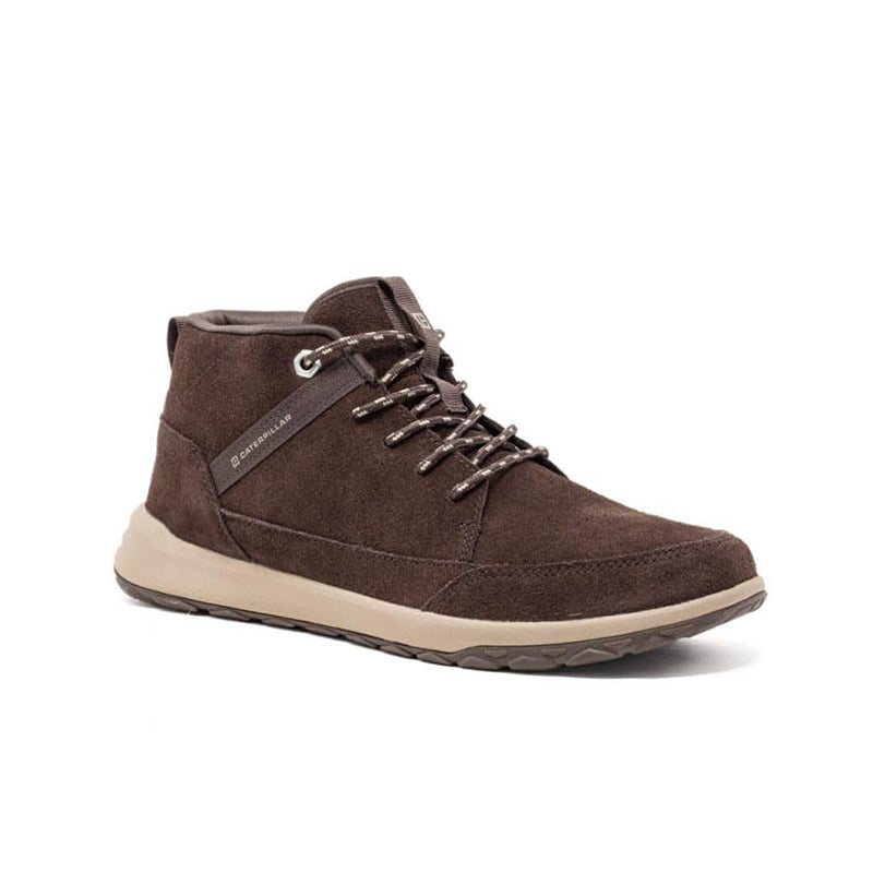 Men's mid-top brown suede sneakers with lace-up front and padded collar