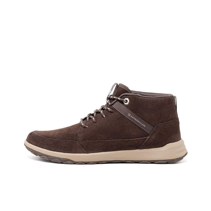 Men's mid-top brown suede sneakers with side panel and lace-up closure
