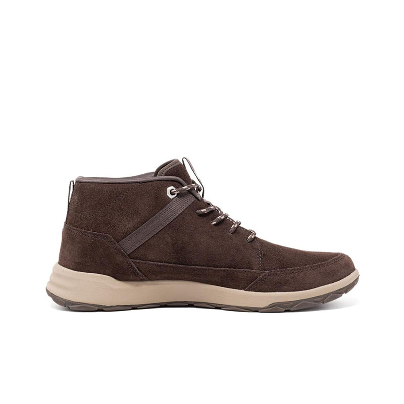 Men's mid-top brown suede sneakers with diagonal strap detail and lace-up front