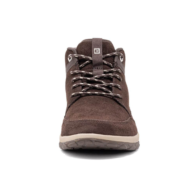 Men's brown suede sneaker with lace-up front, padded tongue, and collar pull tab