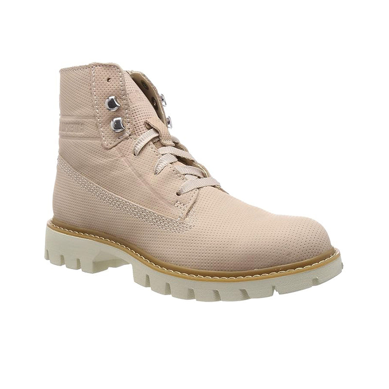 Women’s ankle boots in light taupe, lace-up with padded collar and lug rubber sole