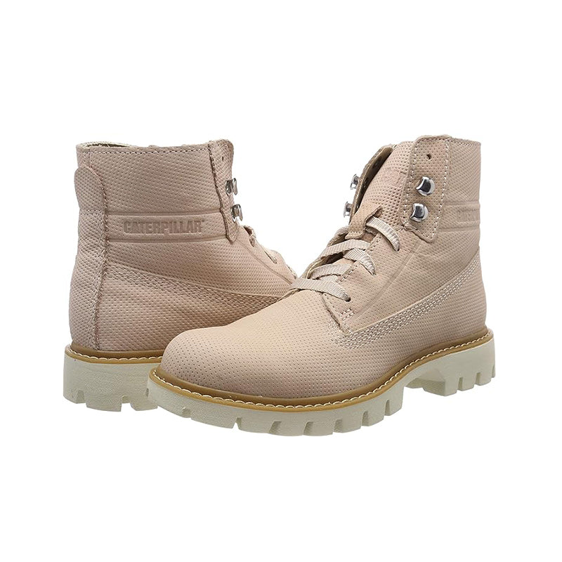 Women’s lace-up ankle boots with CAT logo patch, light taupe and lugged rubber sole