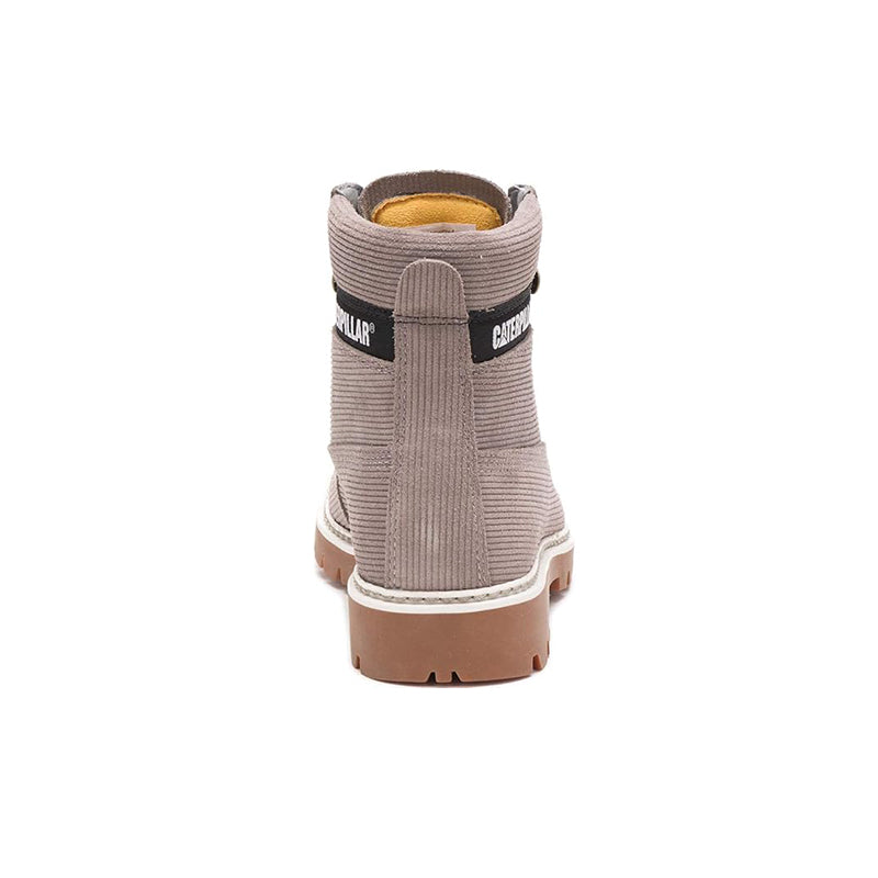 Women's ankle boots in light grey with knit upper, heel, and rugged sole