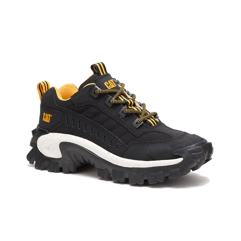 Black women’s chunky lace-up sneakers with white sole and yellow laces