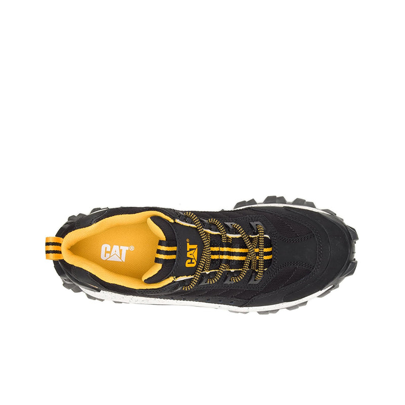 Black women’s lace-up sneakers with yellow interior, CAT logo, and chunky sole