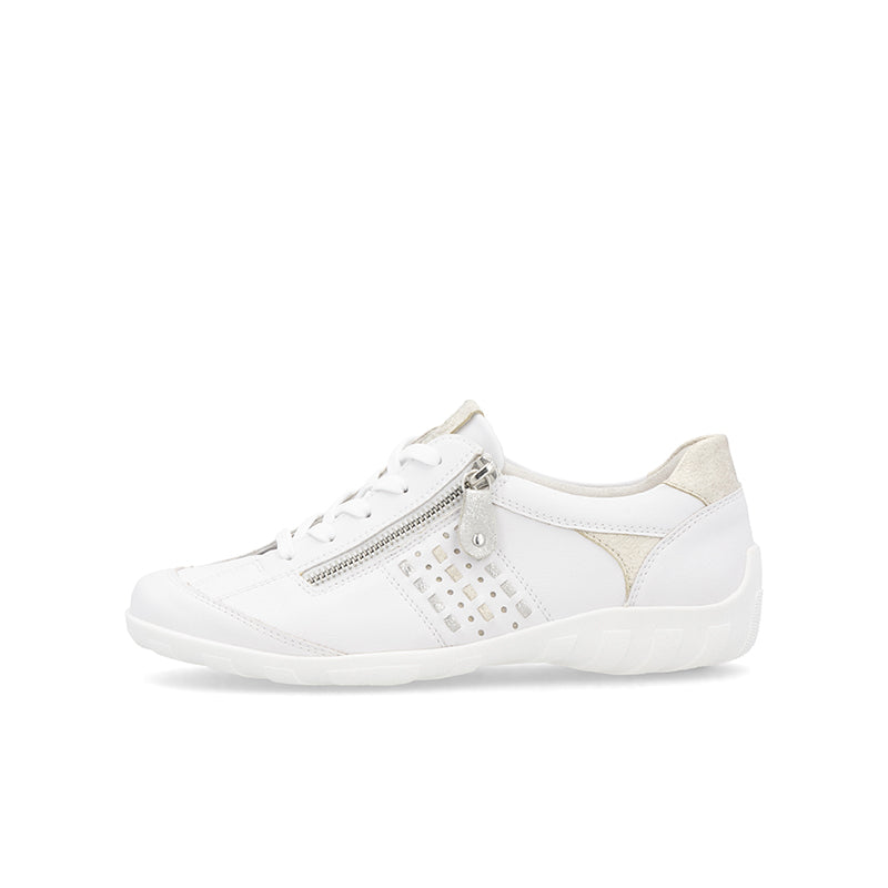 White leather sneaker with side zip and textured side panel