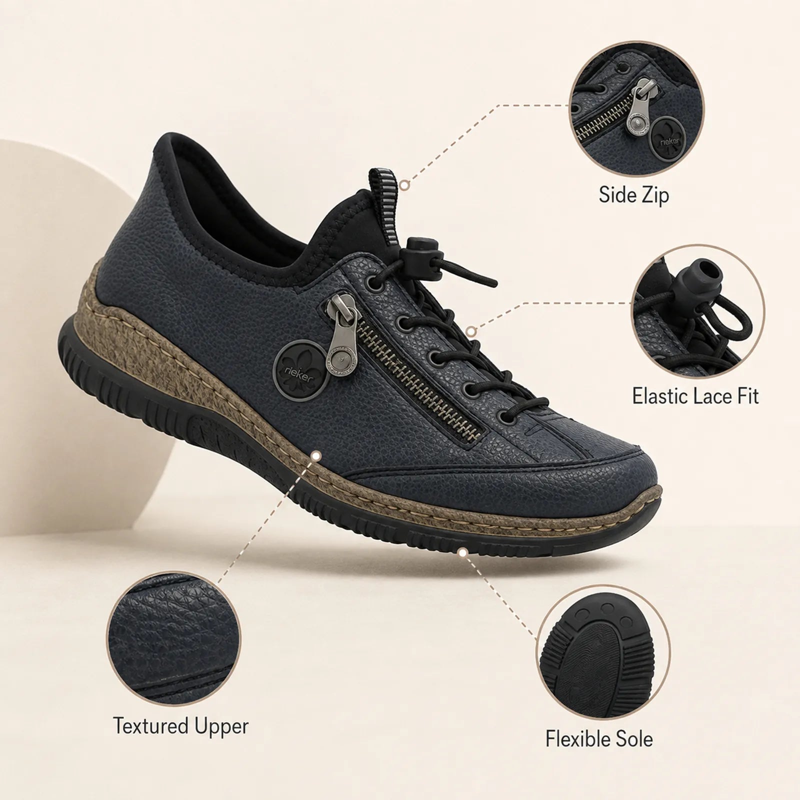 Rieker women's dark sneaker showing side zipper, lace-up eyelets, and flexible sole