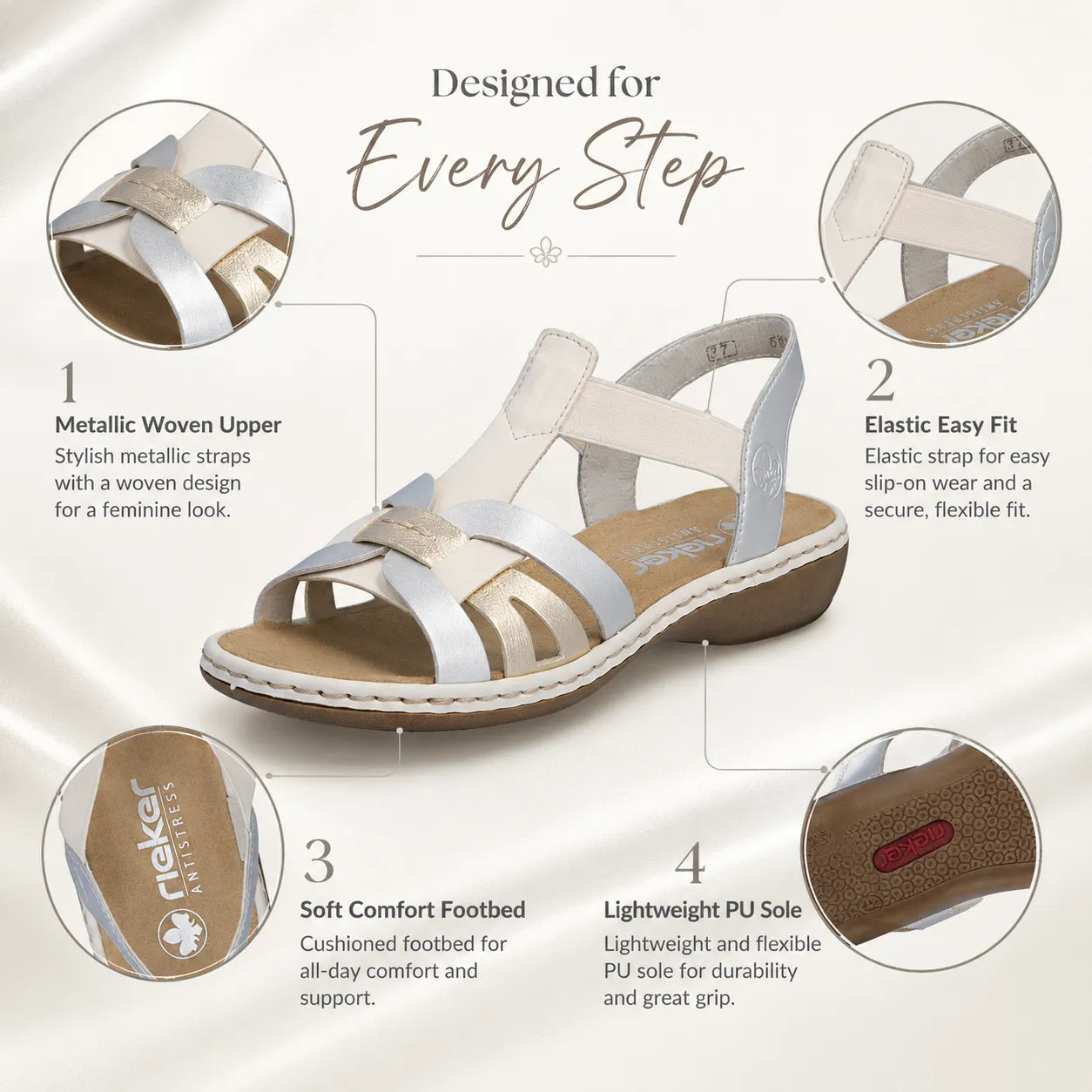 Rieker women Titinreg comfortable sandals silver gold elastic fit 65918-91 product detail view