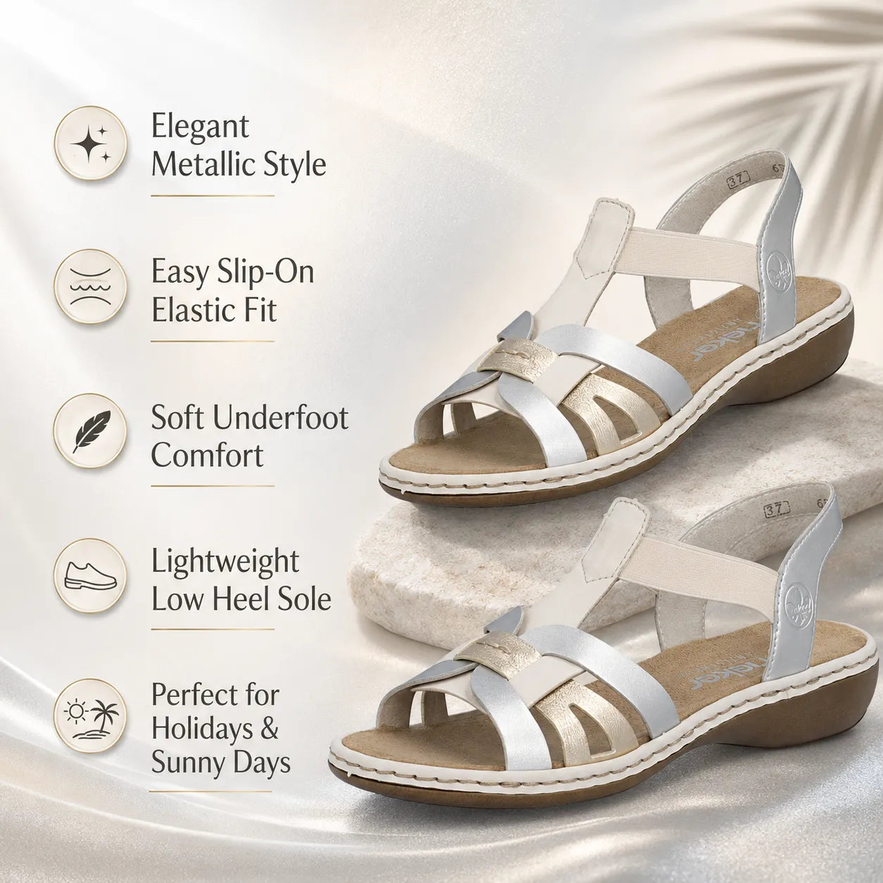 Rieker women Titinreg comfortable sandals silver gold lightweight PU sole 65918-91 comfort feature detail
