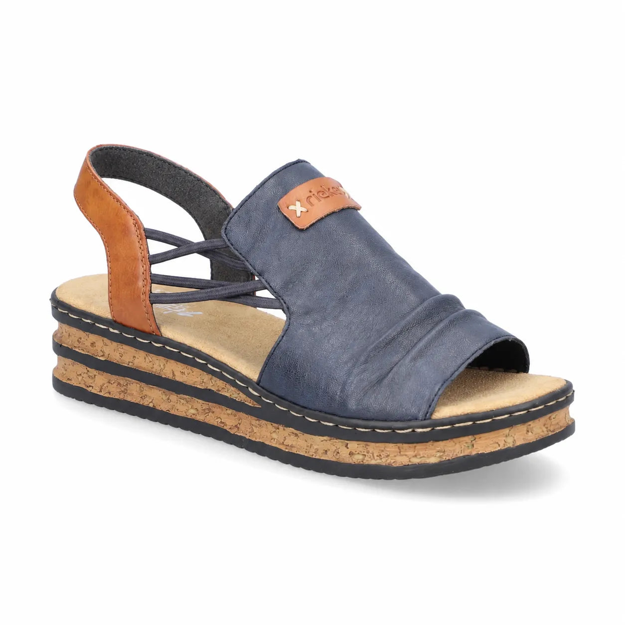 Rieker women flatform sandals navy tan man made elastic strap 62962-14 main product view