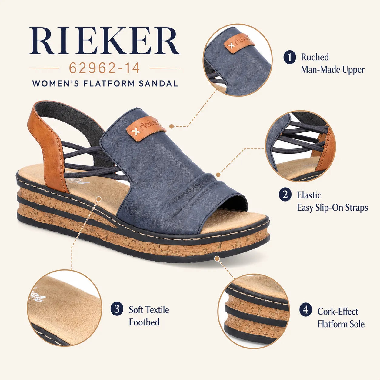 Rieker women flatform sandals navy tan elastic slip on straps 62962-14 product detail view