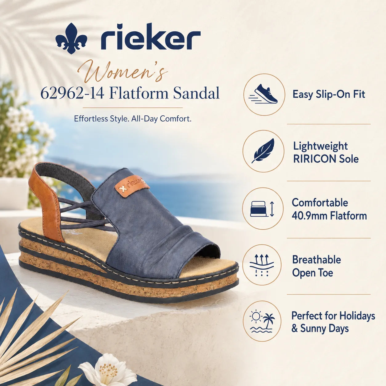 Rieker women flatform sandals navy tan lightweight RIRICON sole 62962-14 comfort feature detail