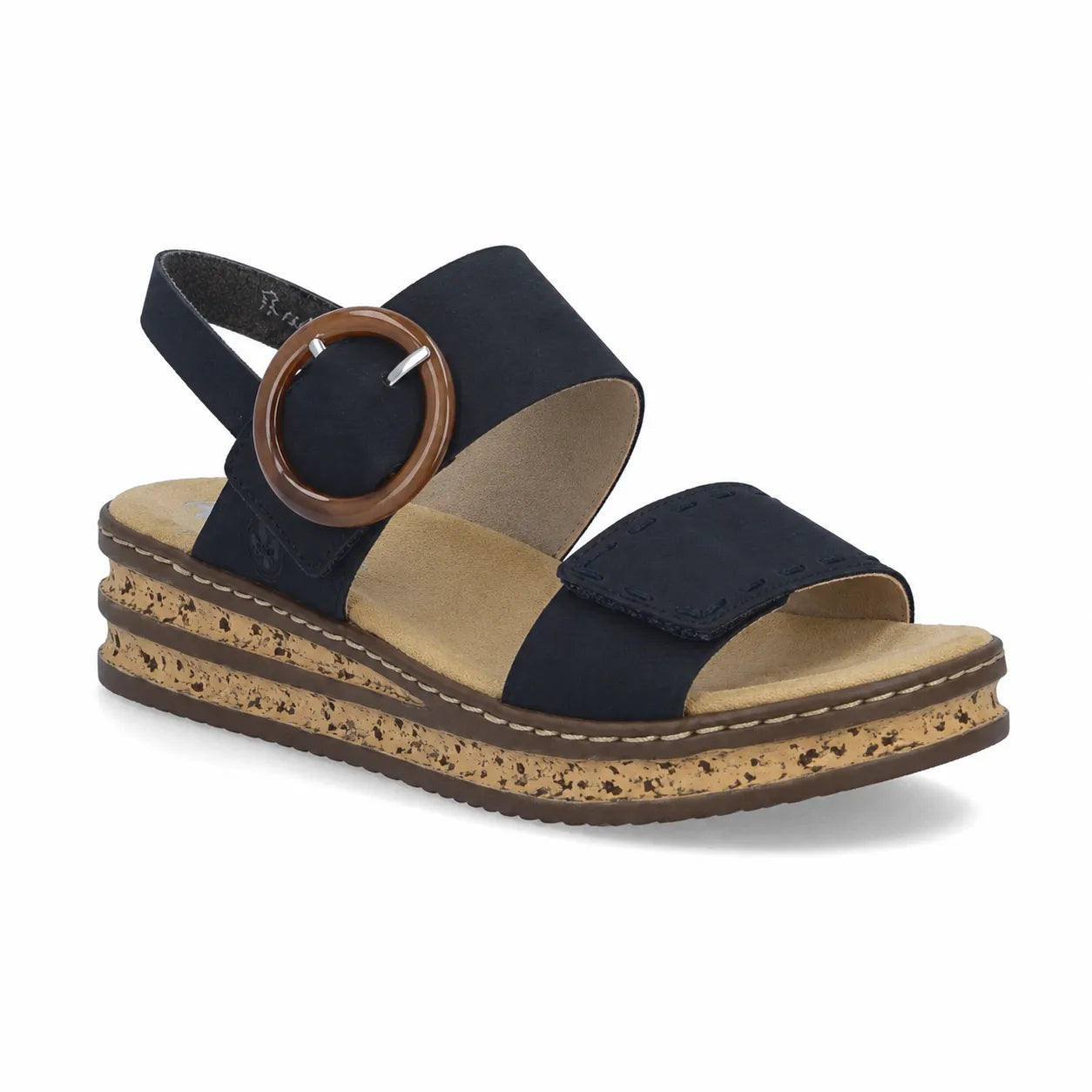Navy women's platform sandals with round buckle strap and cushioned footbed