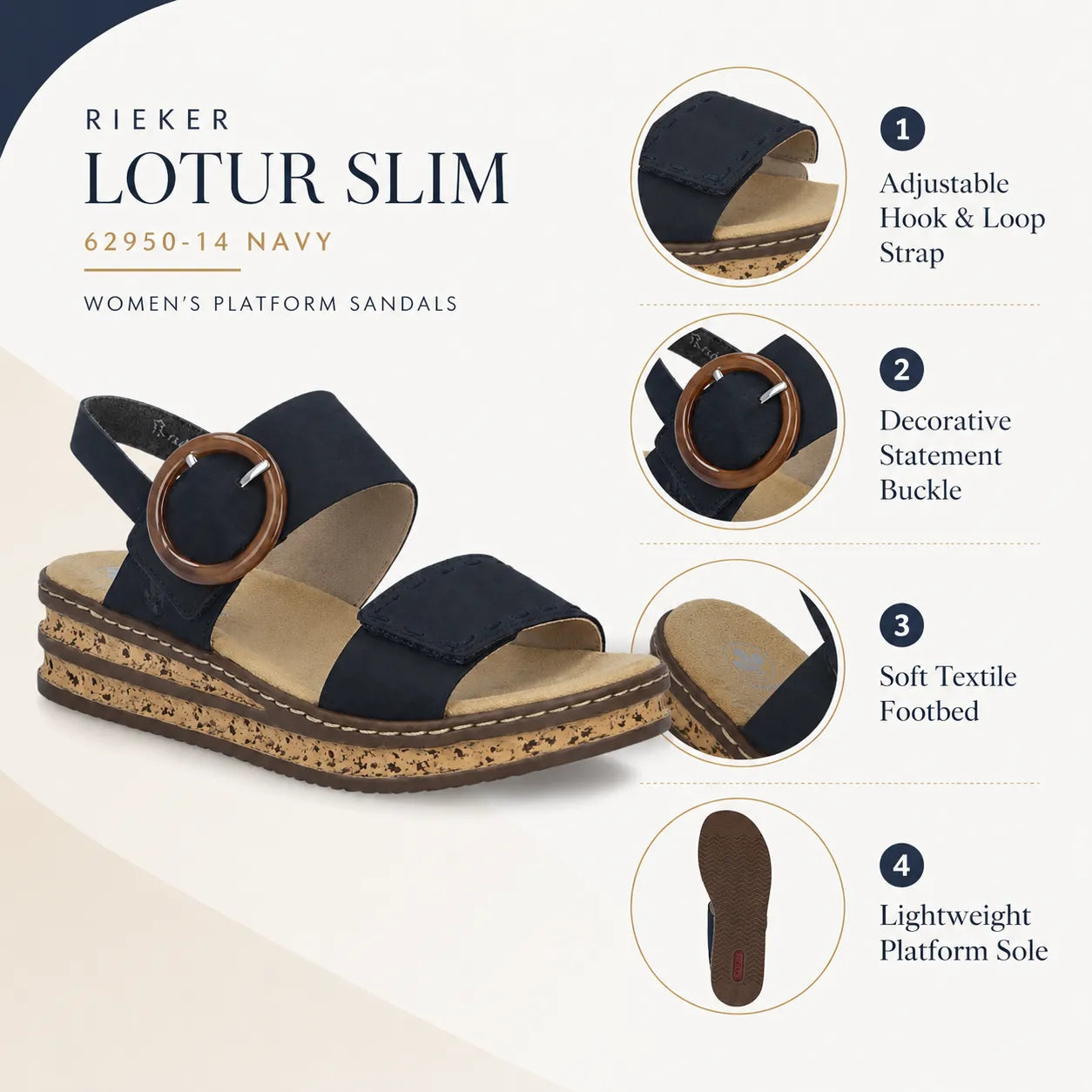 Navy women's platform sandals with adjustable strap, decorative buckle, and soft footbed