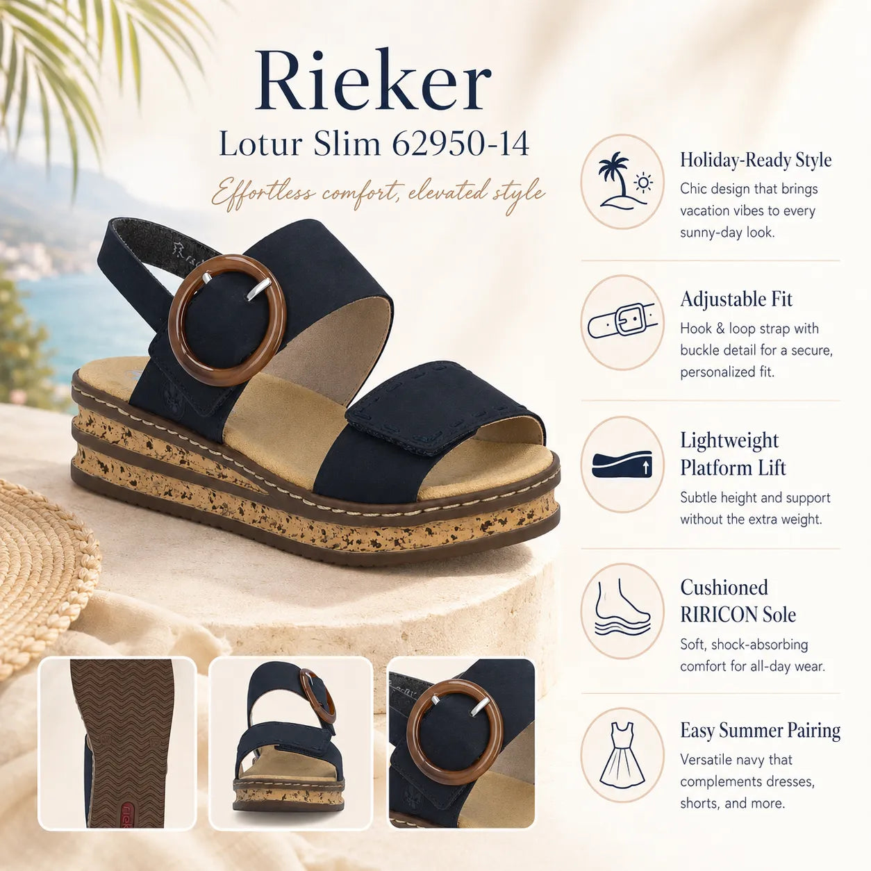 Navy platform sandals with lightweight sole, cushioned insole, and easy adjustable strap