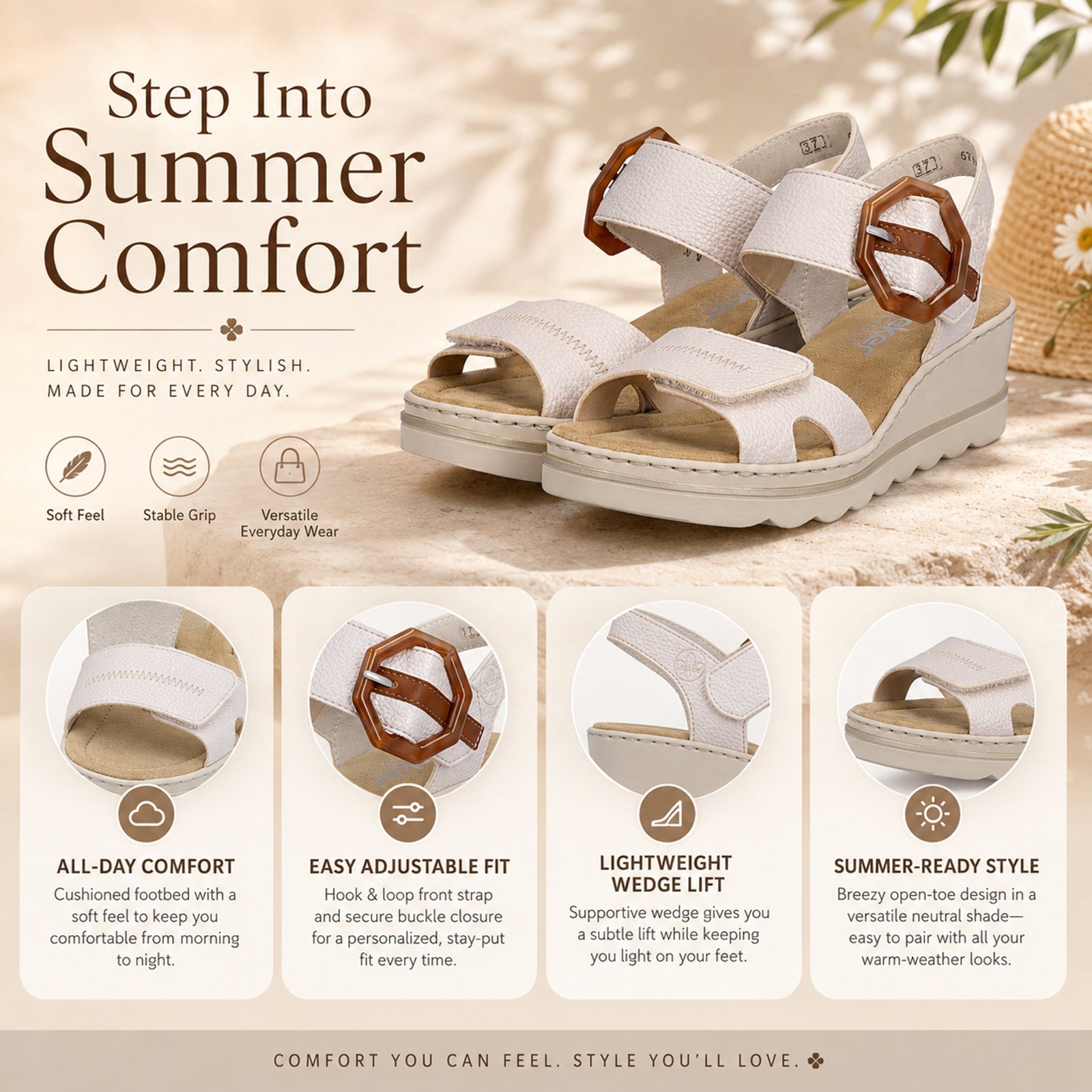 White summer wedge sandals with tan buckle accent and hook-and-loop strap