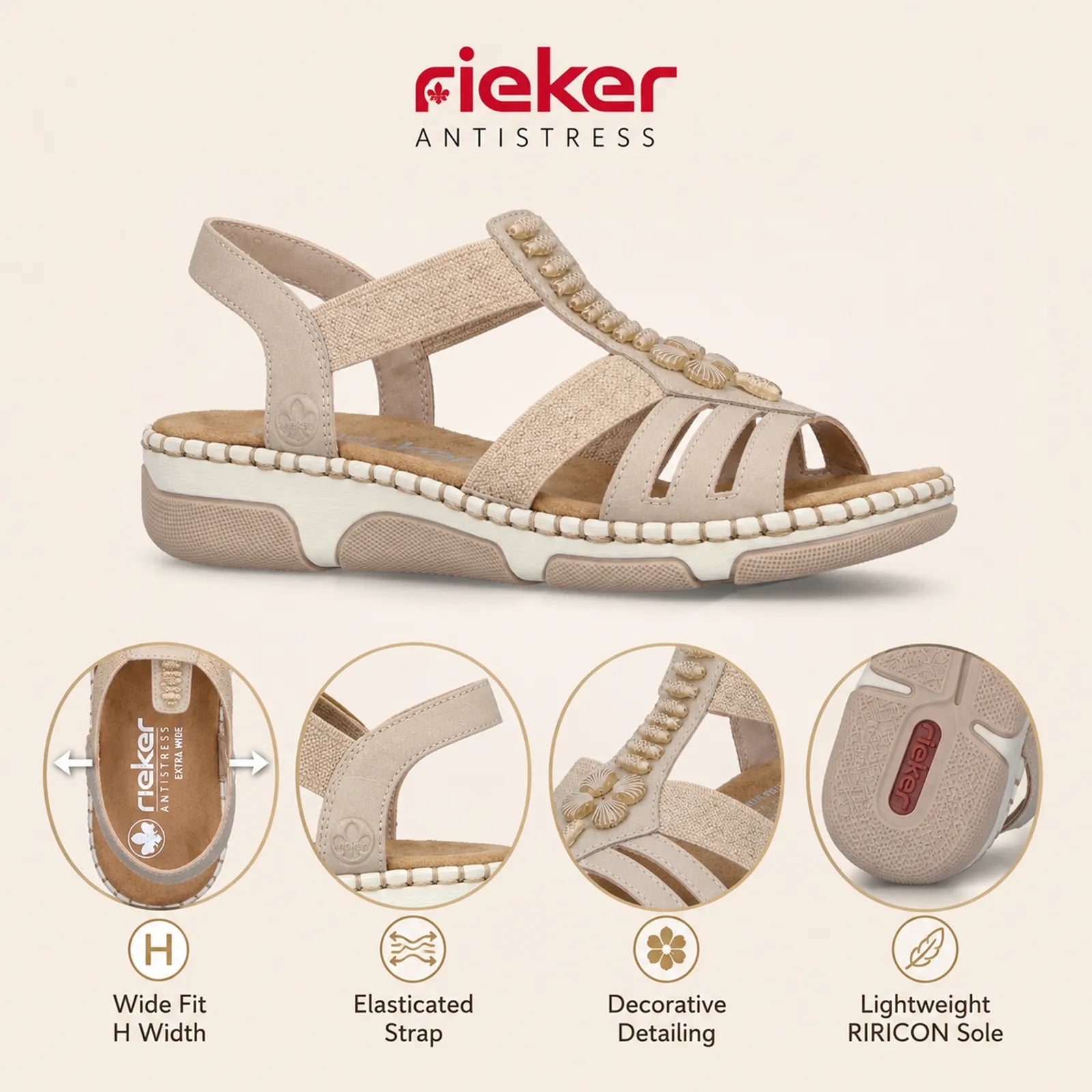 Close-up detail of Rieker women's beige sandals with elastic straps and decorative accents