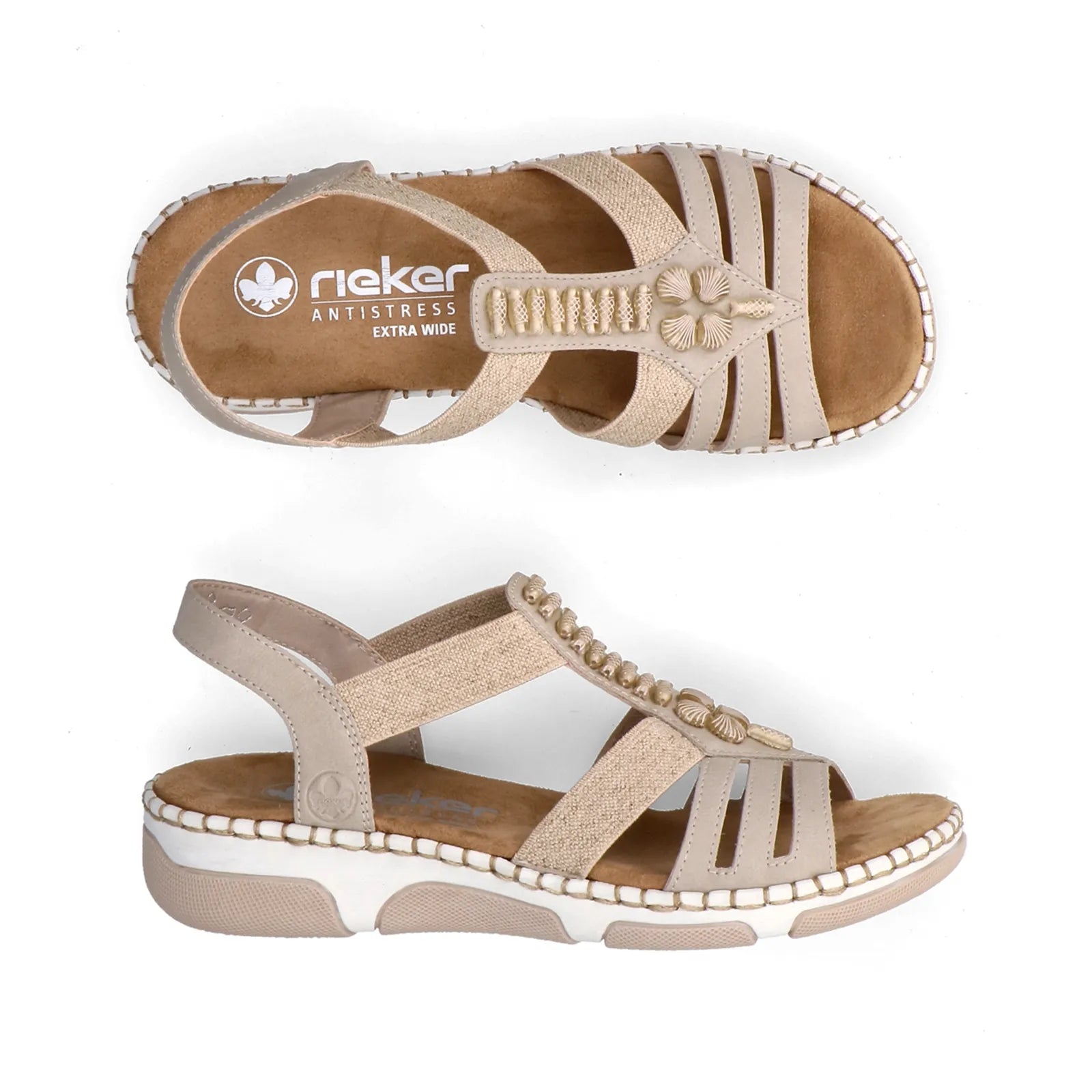 Side view of Rieker women's beige sandals with lightweight RIRICON wedge sole