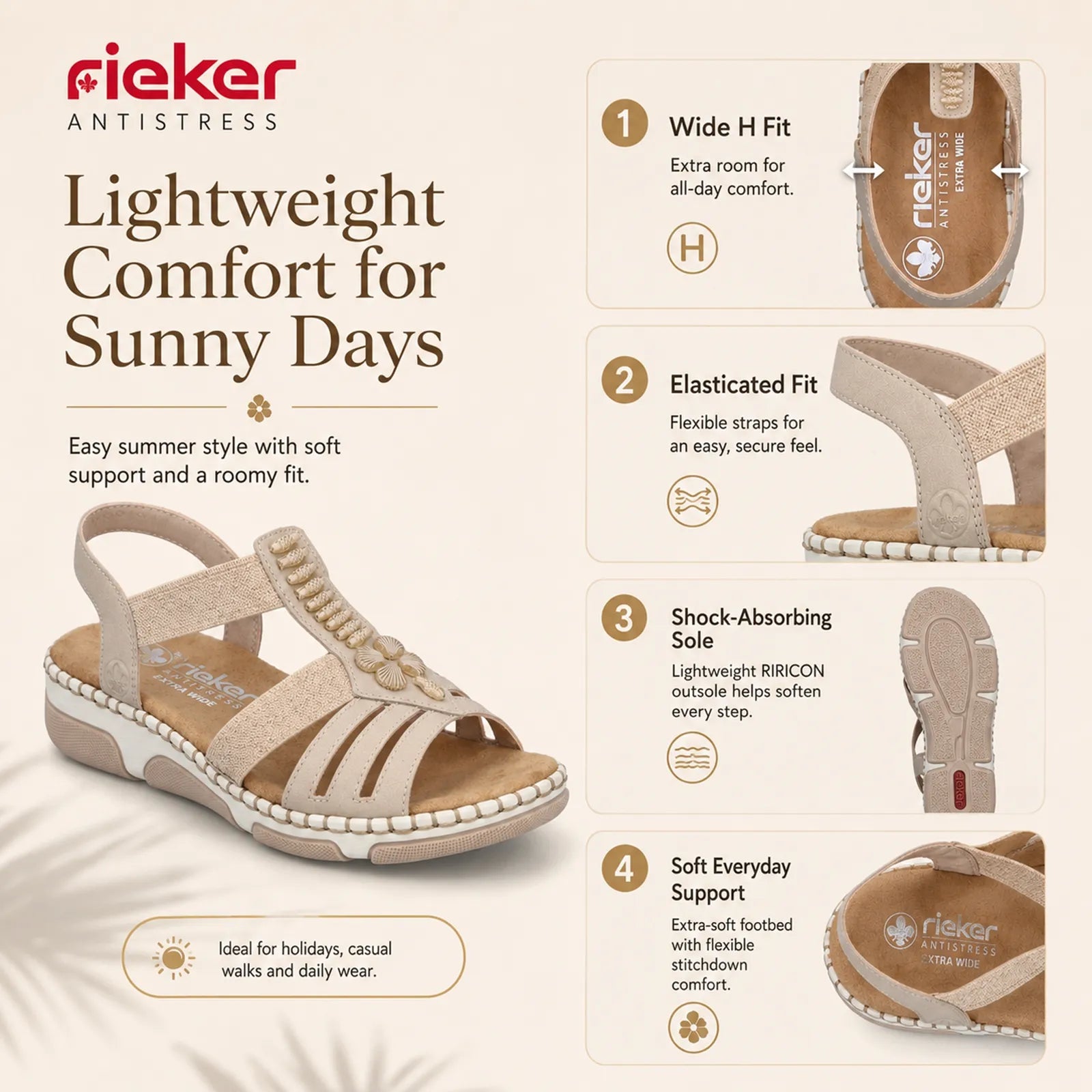 Rieker women's beige sandals featuring wide fit comfort and shock-absorbing sole