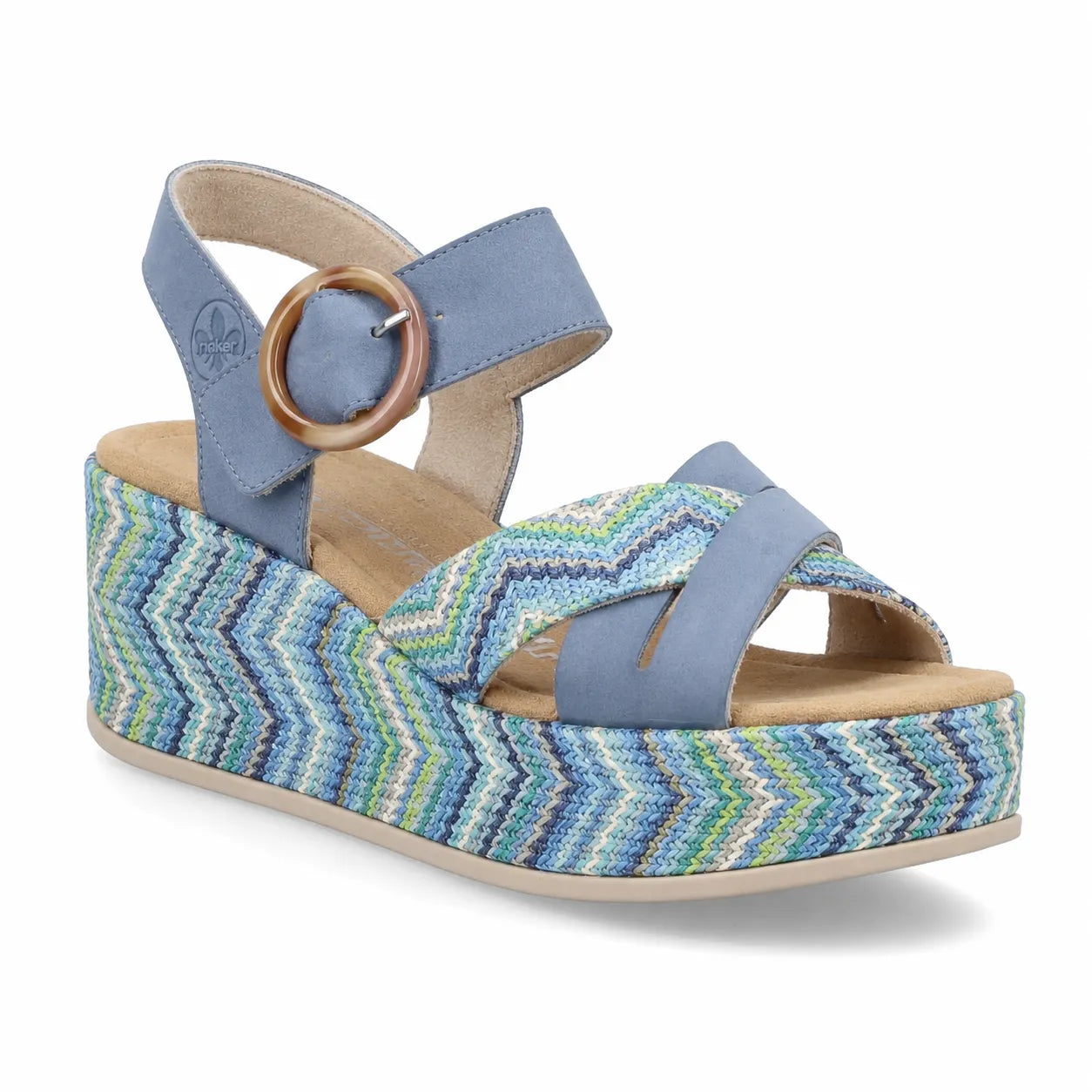 Women¡¯s blue platform wedge sandal with woven zigzag platform and round buckle strap