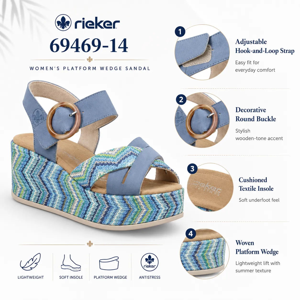 Women¡¯s platform wedge sandal with blue straps, round buckle, and woven zigzag wedge