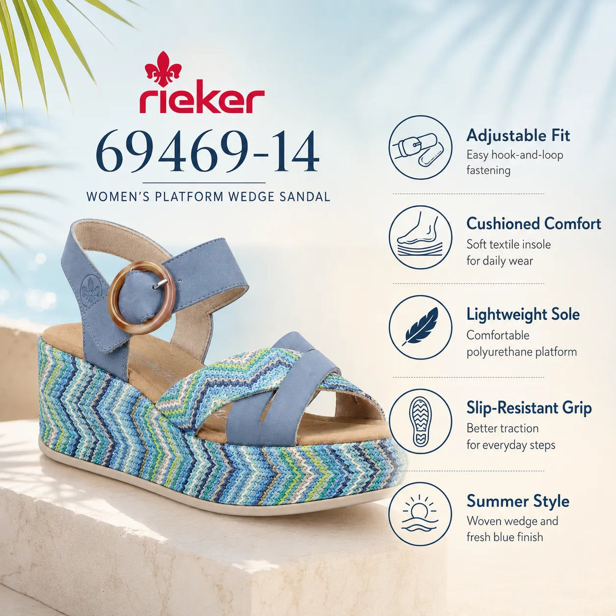 Women¡¯s blue platform wedge sandal with round buckle and zigzag woven wedge sole