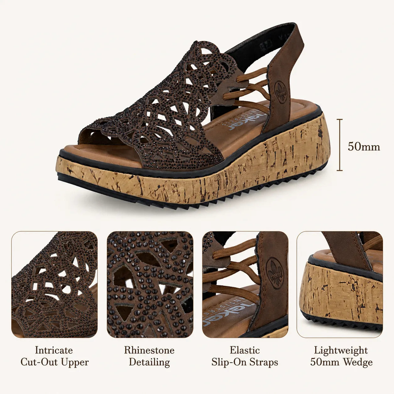 Rieker openwork wedge sandals with slip-on straps and cork-look platform