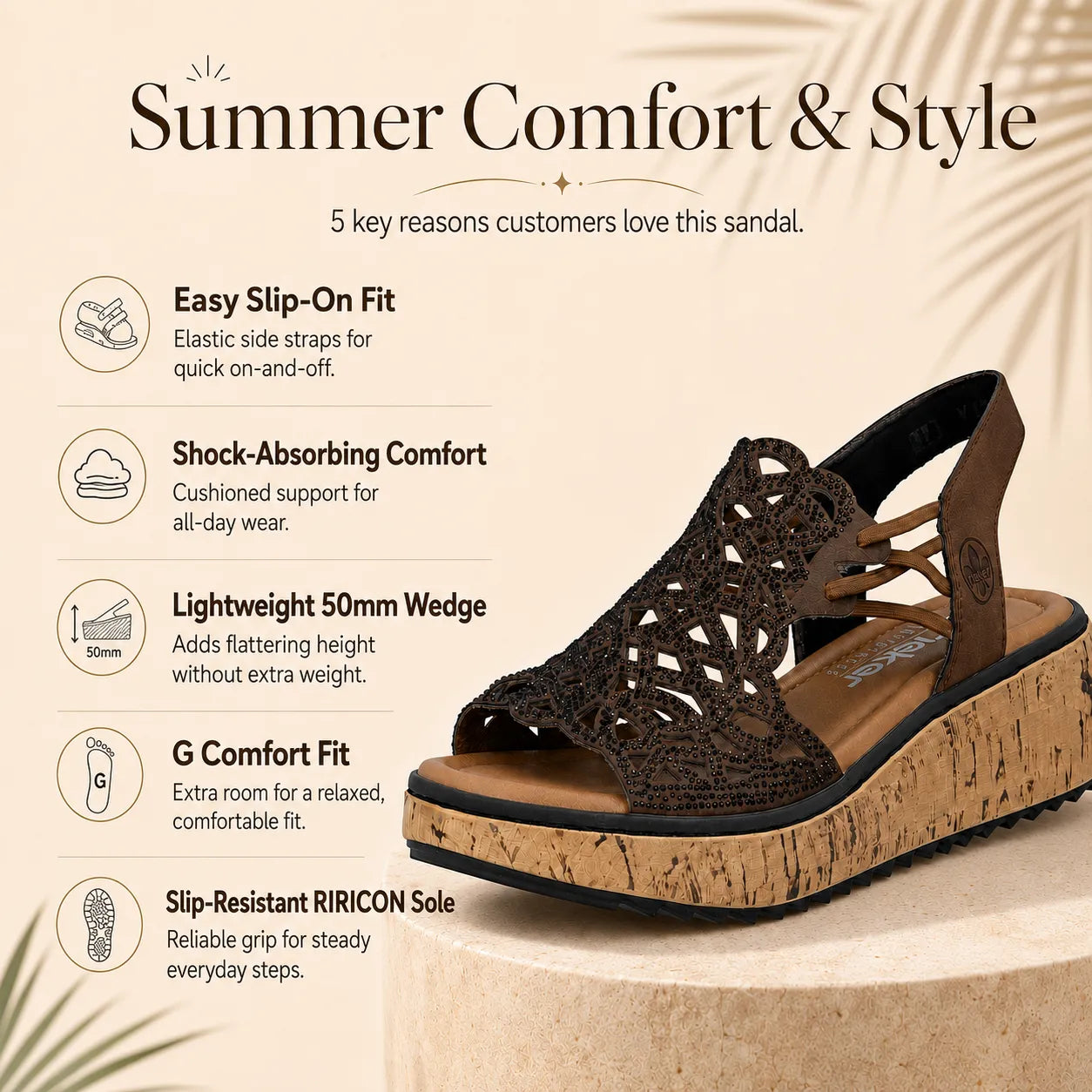 Rieker dark brown wedge sandals with patterned upper and cork-look platform