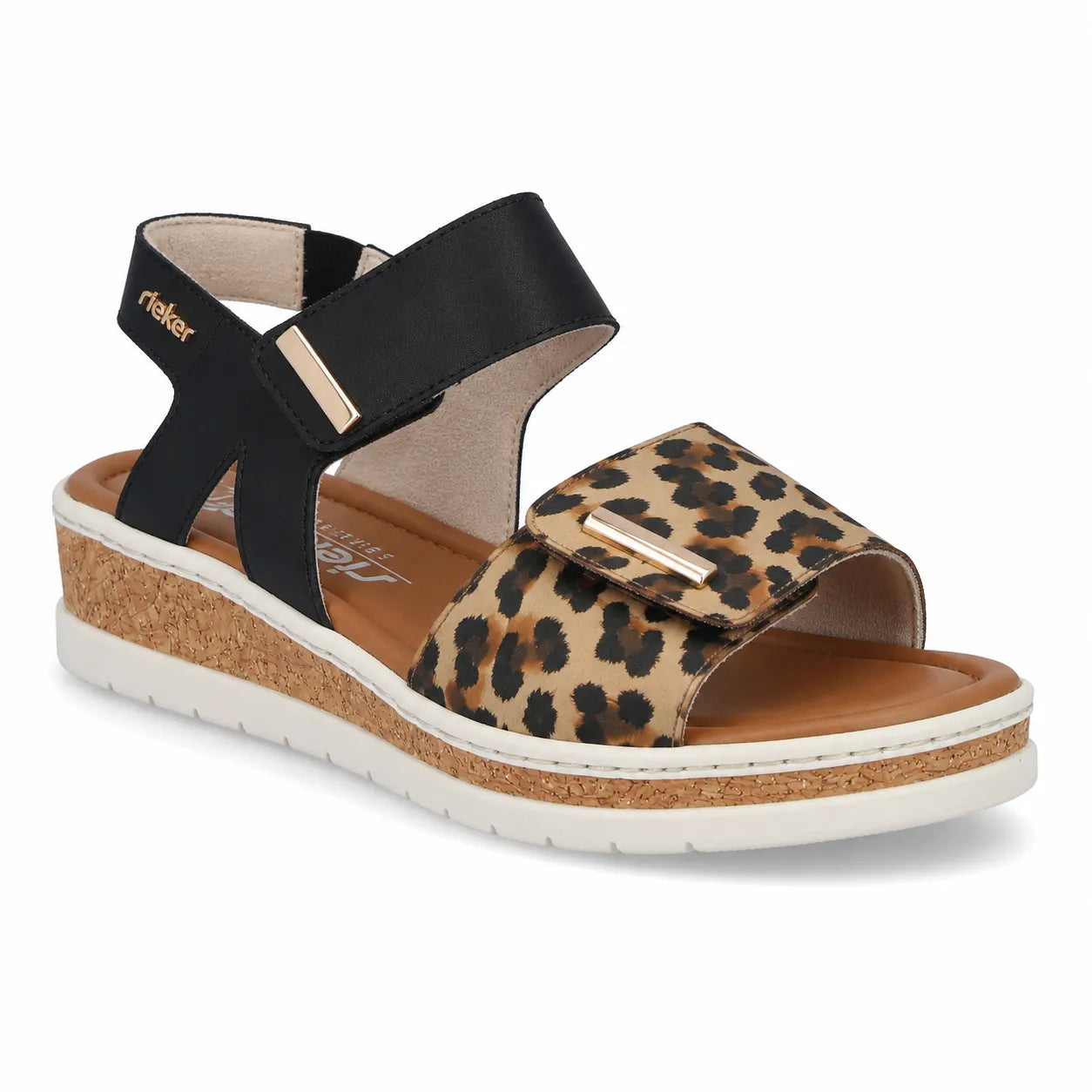 Rieker women's strap sandals black leopard leather comfort width V4181-00 Lisa, main product view