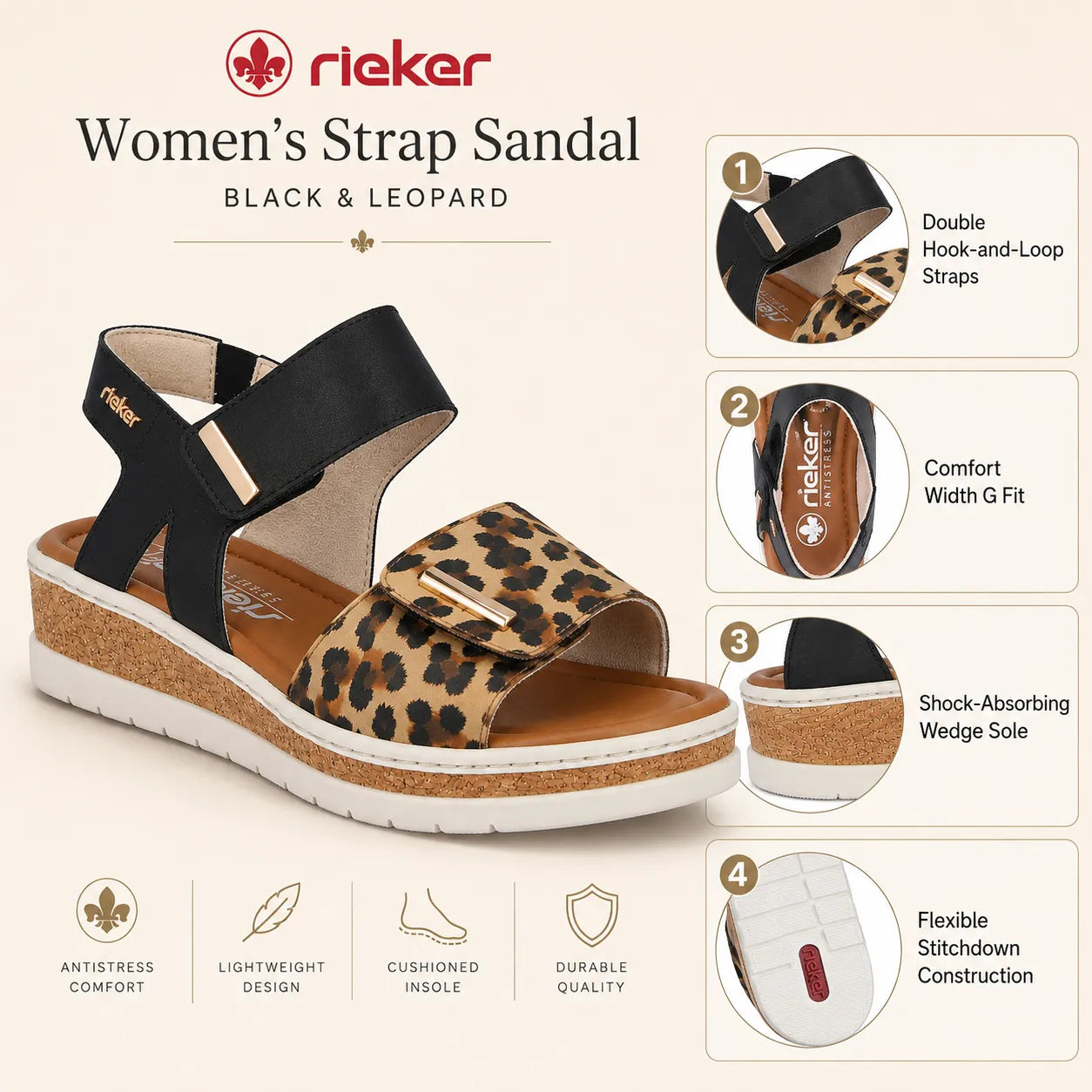 Rieker women's strap sandals black leopard comfort width V4181-00 Lisa, hook-and-loop strap and wedge sole detail