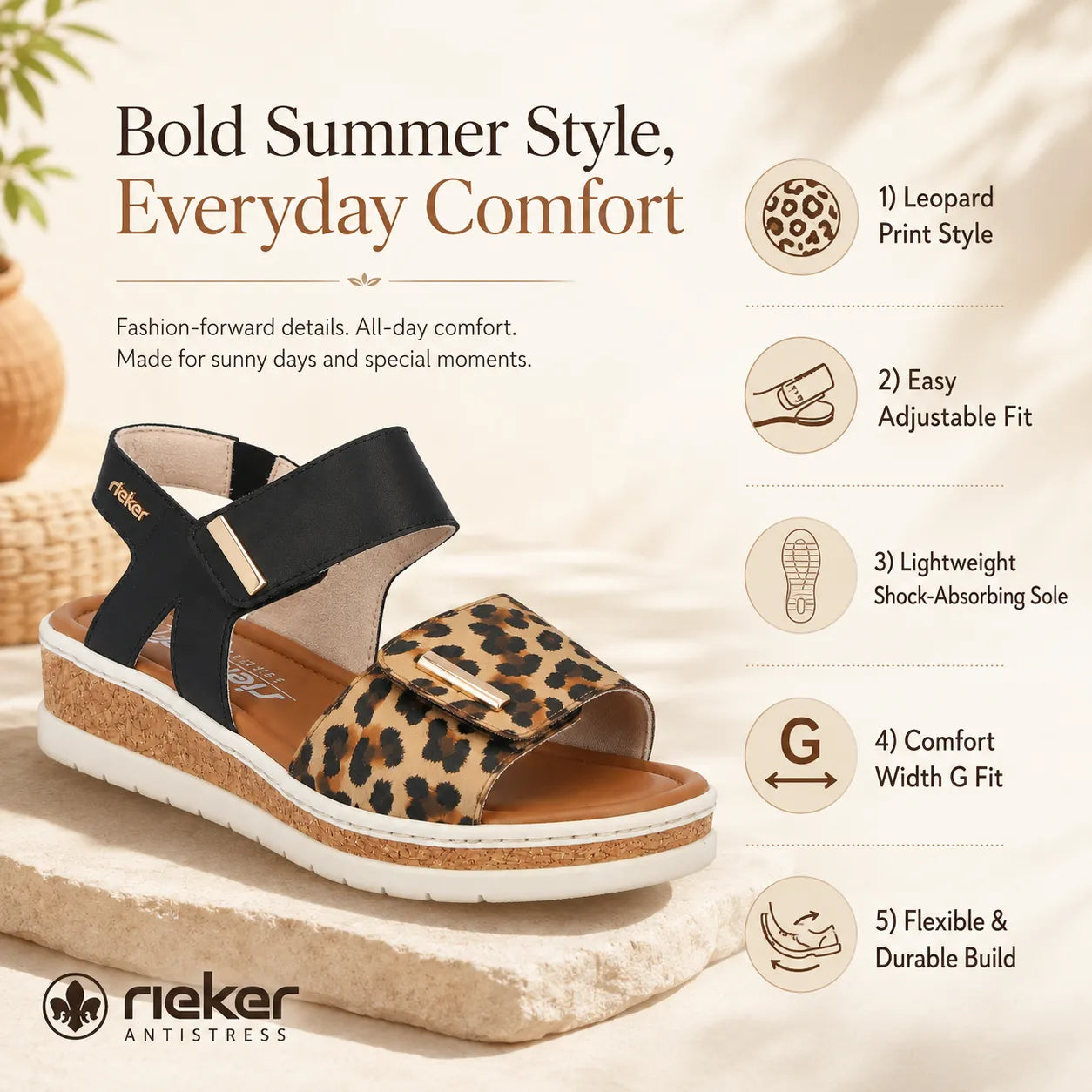 Rieker women's strap sandals black leopard comfort width V4181-00 Lisa, shock-absorbing wedge sole feature detail