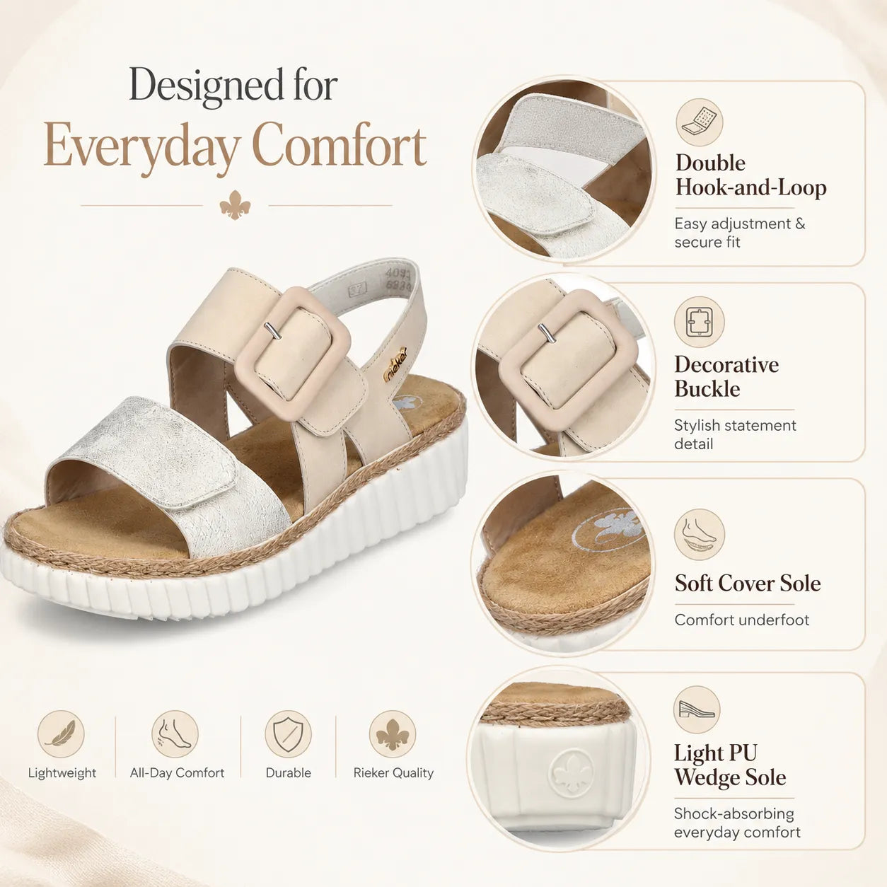 Rieker women wedge sandals beige multi hook and loop strap 69260-60 product detail view