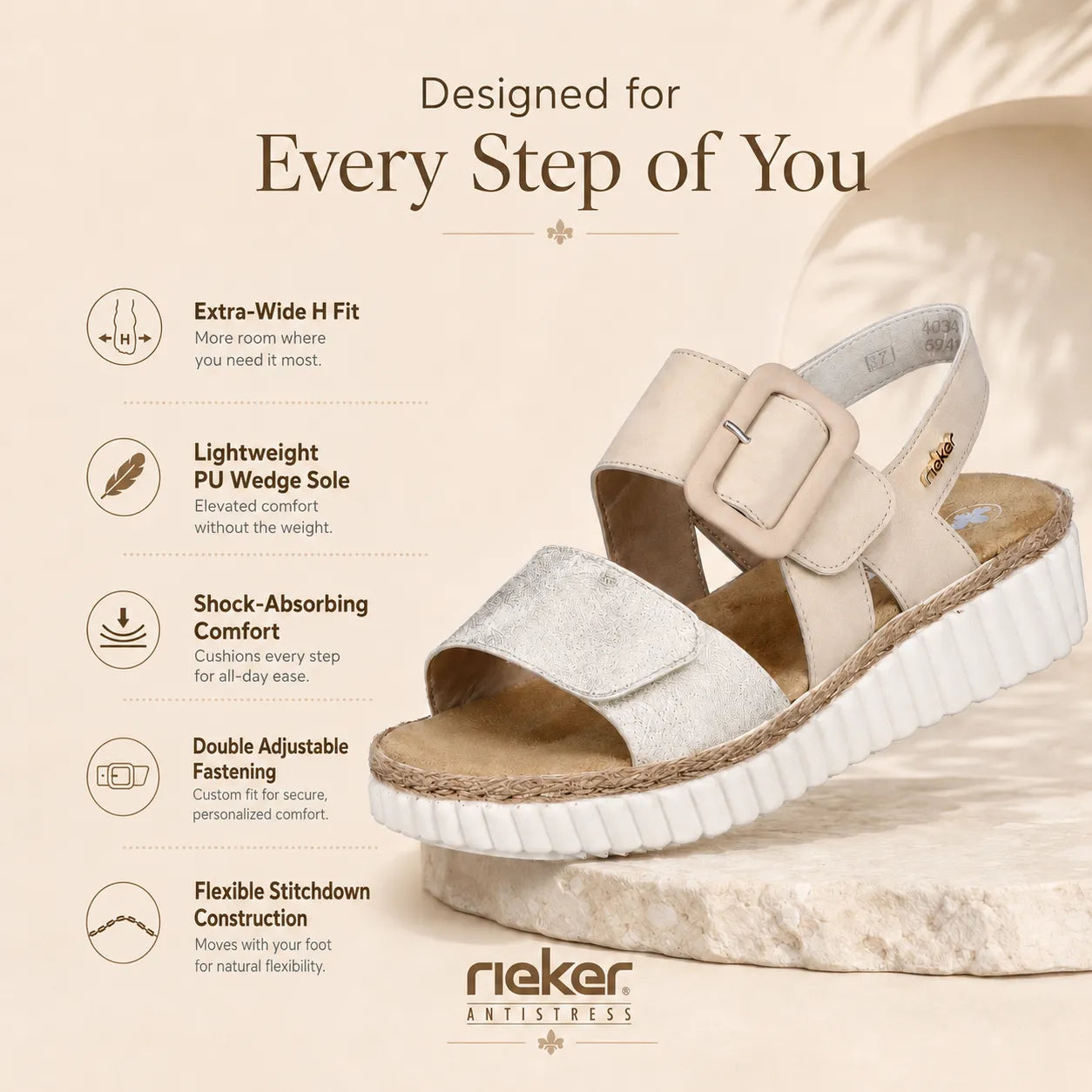 Rieker women wedge sandals beige multi shock absorbing PU sole 69260-60 comfort feature detail