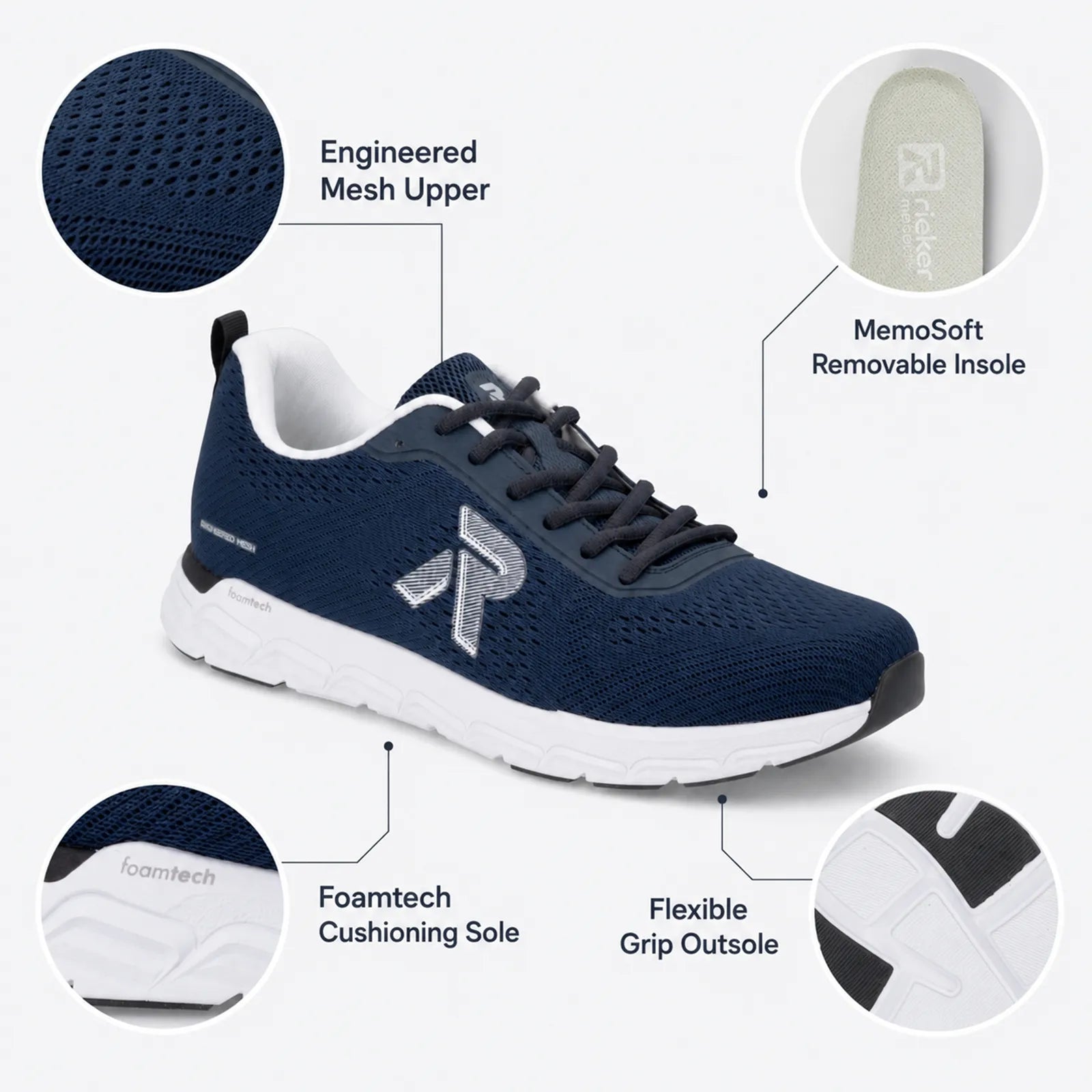 Men's navy lace-up sneaker with engineered mesh upper, flexible grip outsole