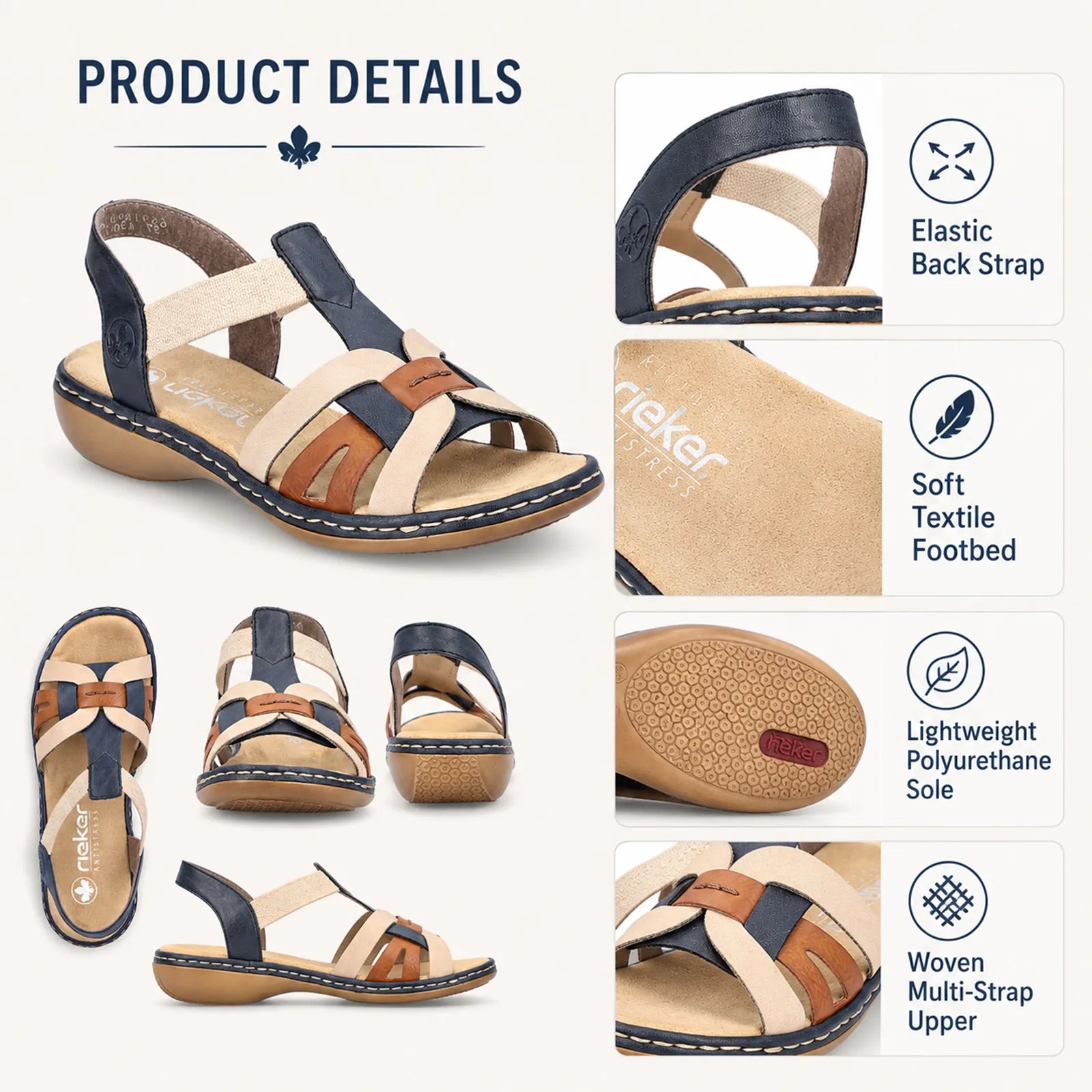 Women’s Rieker sandals detail: elastic back strap, woven multi-strap upper, textured sole