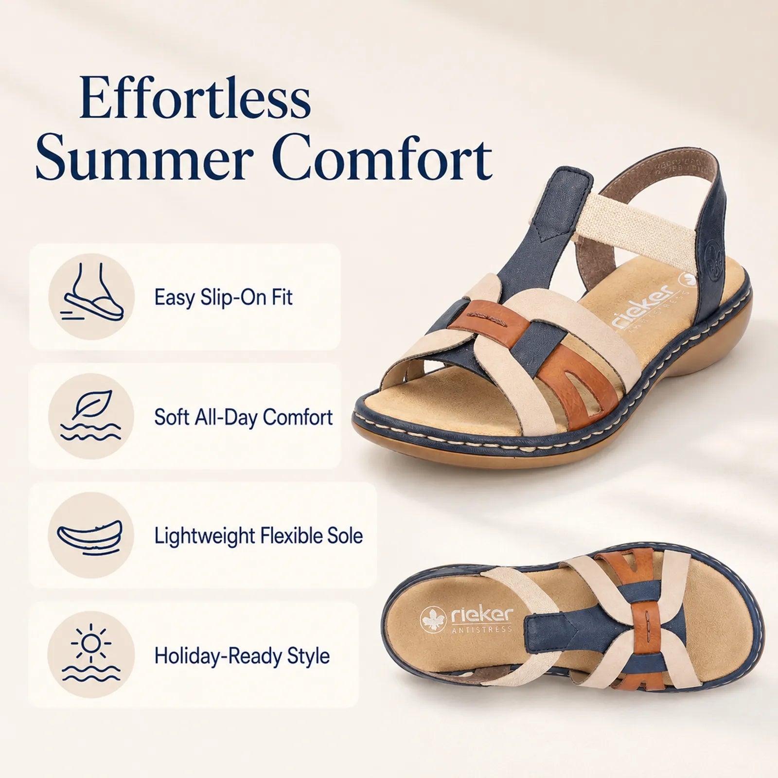 Women’s Rieker sandals: beige and blue multi-strap design with brown cushioned sole