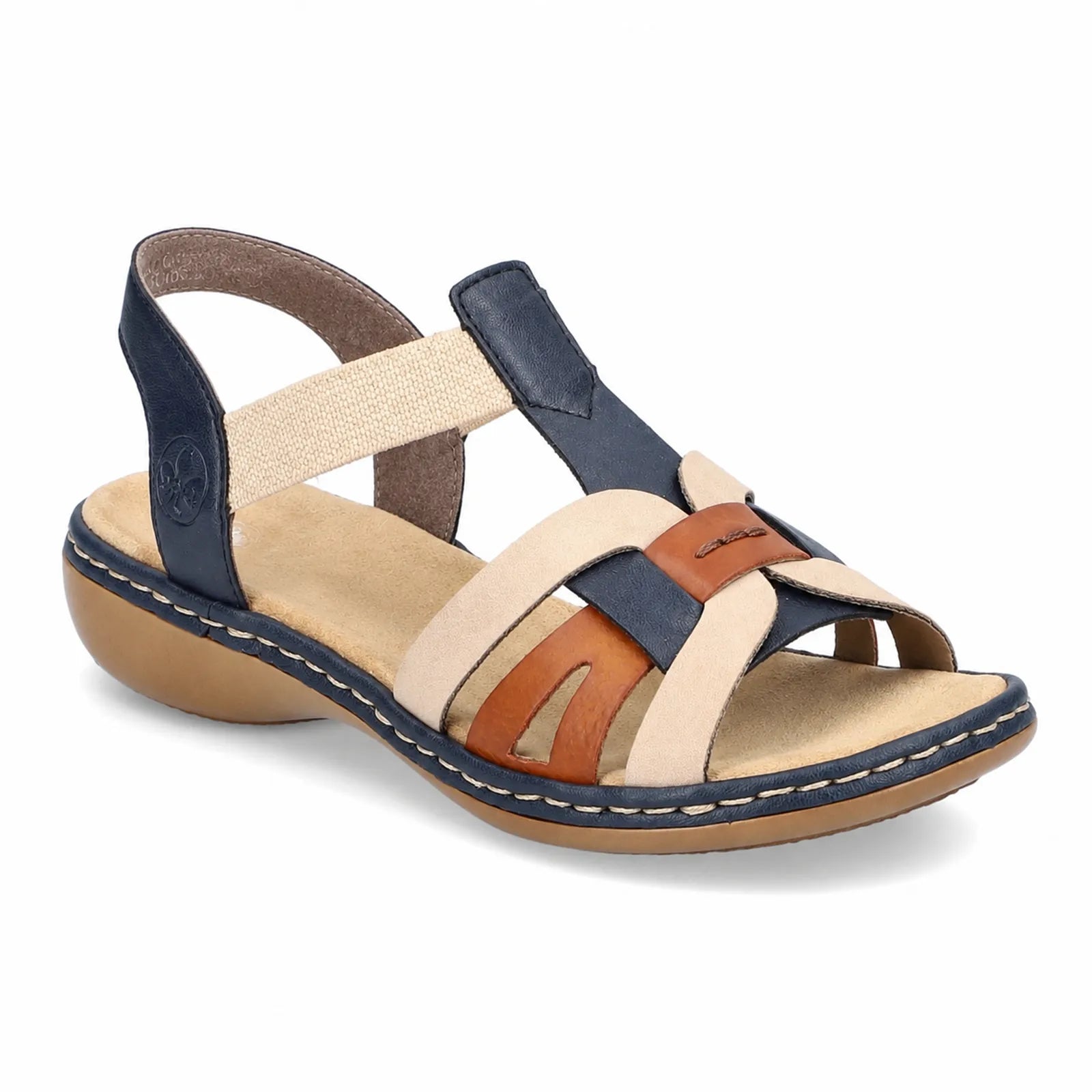 Blue and tan slip-on sandals with orange accent straps and low cushioned sole