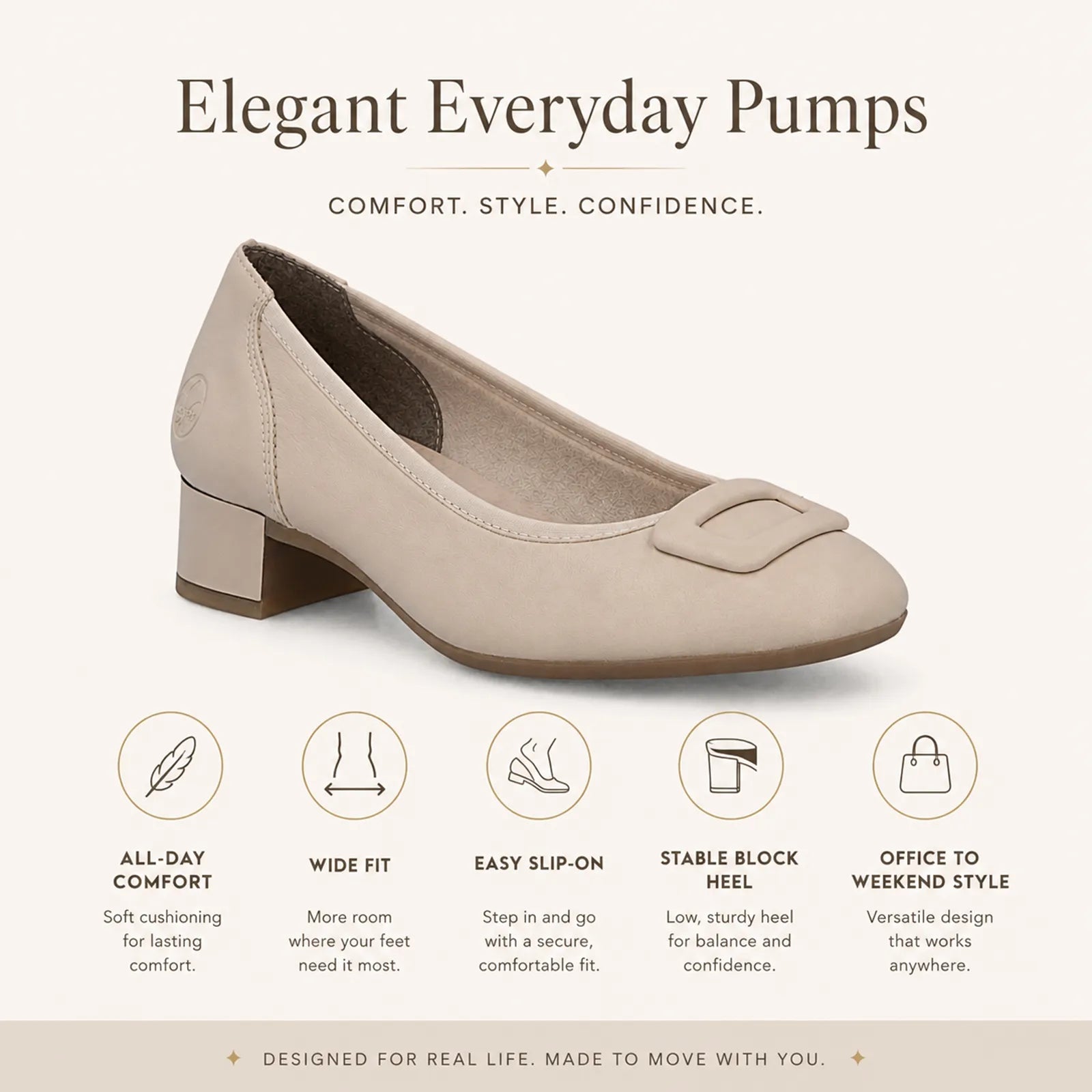 Beige women's leather pumps with square toe, buckle strap, low block heel