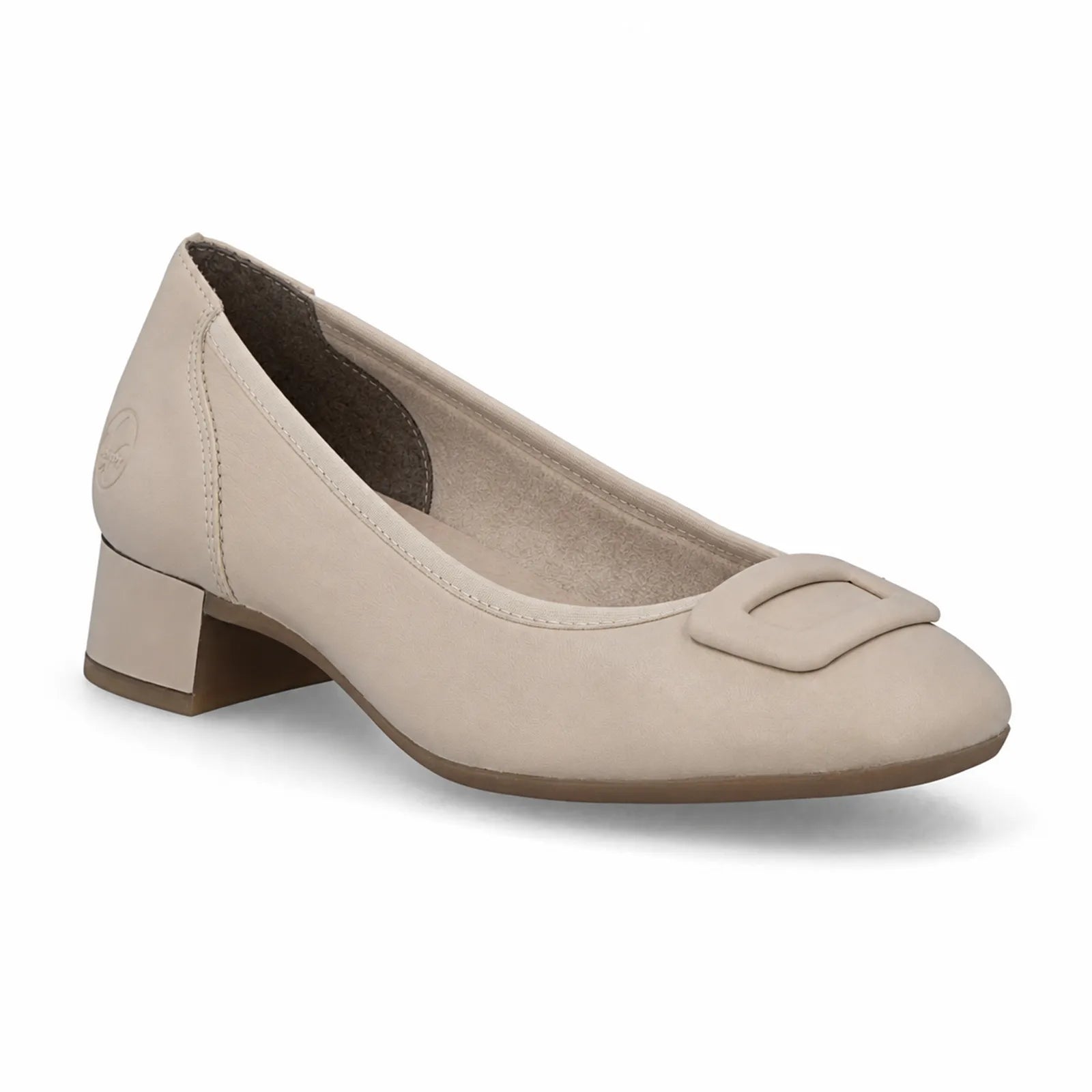 Beige women's leather pumps with square toe and buckle detail, block heel