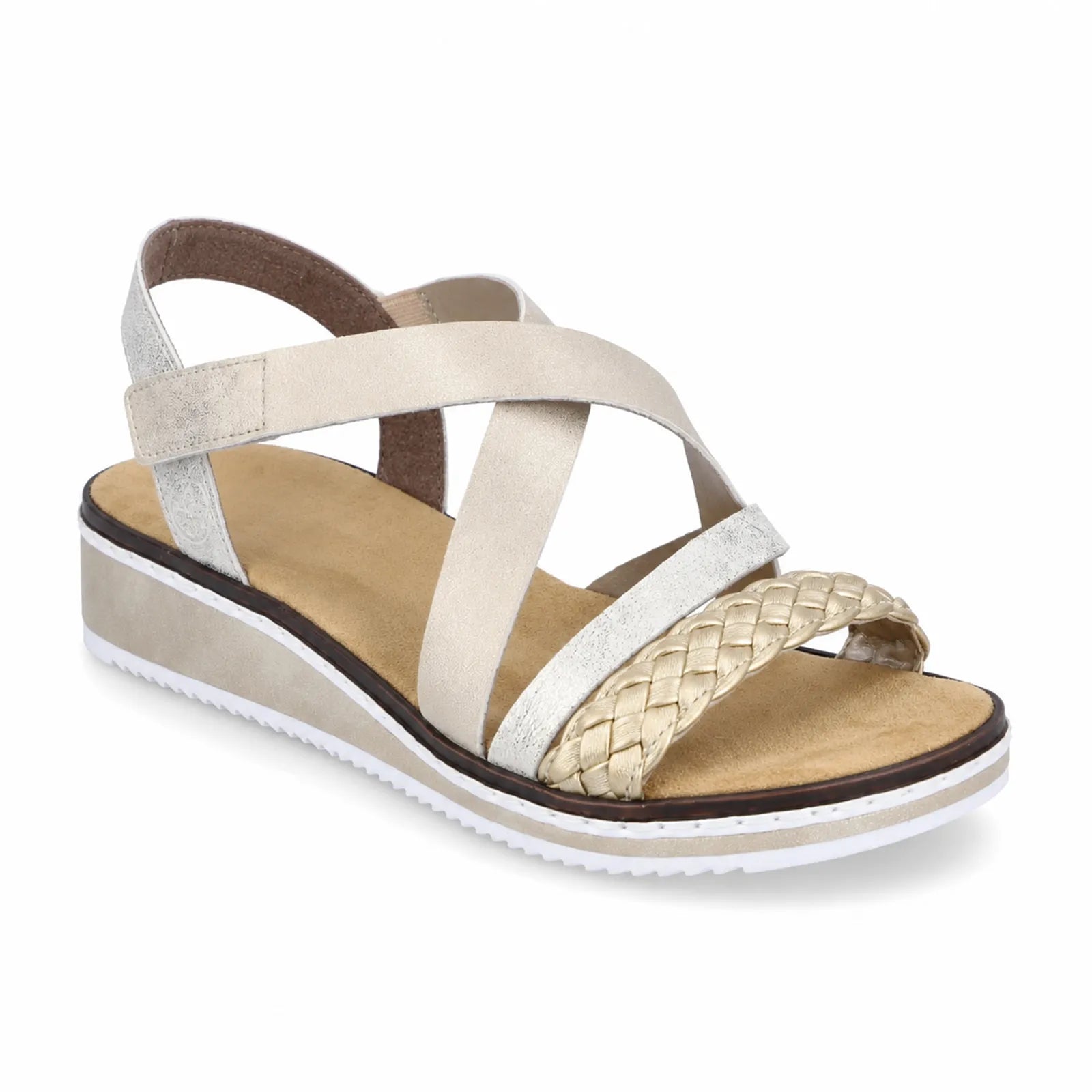 Beige women's platform sandals with wide crisscross straps and hook-and-loop closure