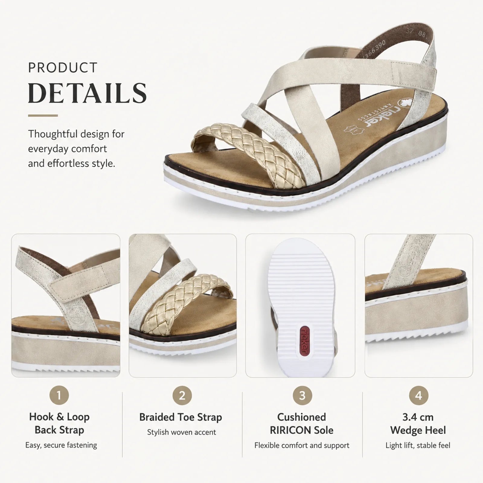 Beige women's sandals details: crisscross straps, braided accent, and cushioned RIRICON sole