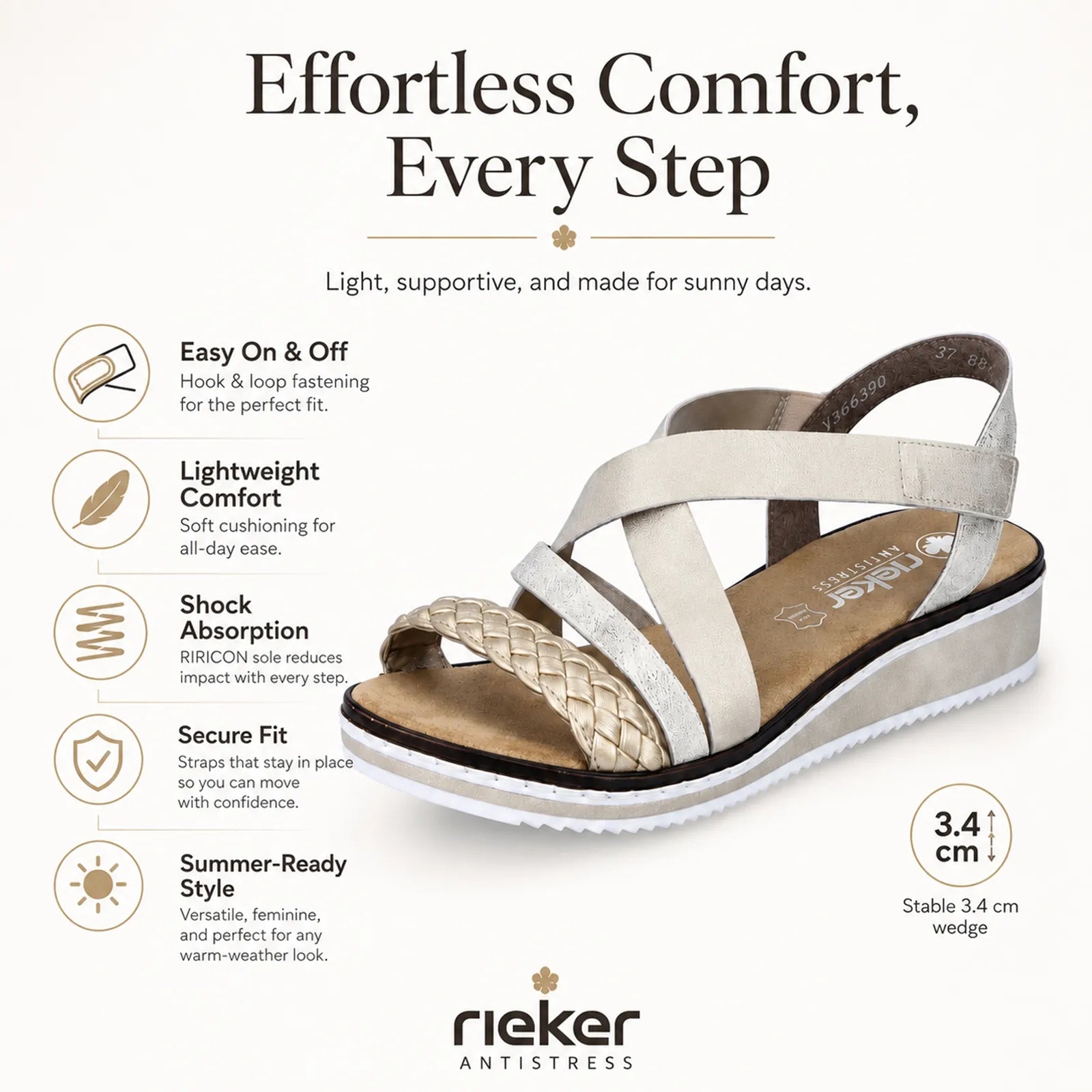 Beige women's sandals with braided toe strap, wide cross straps, and light wedge sole