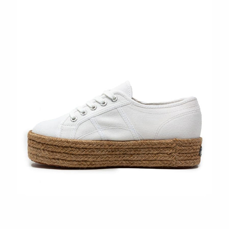 Superga 2790 women's white lace-up sneakers, side profile with tan rope sole