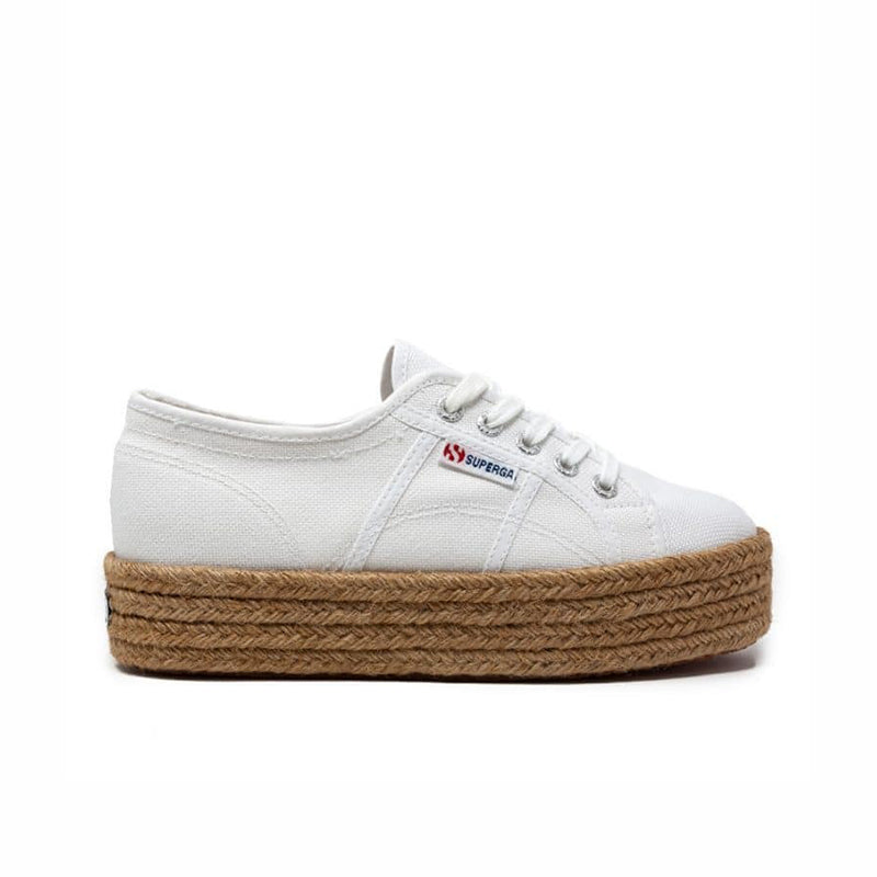 Superga 2790 women's white lace-up sneakers with tan rope platform sole, side view