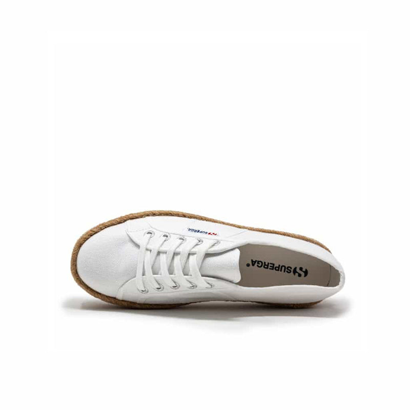 Superga 2790 women's white sneakers with visible laces and interior, tan rope edge