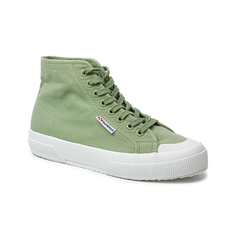Green high-top lace-up canvas sneakers with white rubber sole