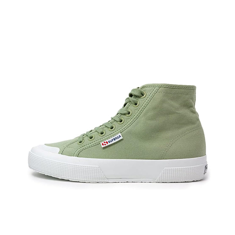 Green high-top lace-up canvas sneaker with white rubber sole, side view