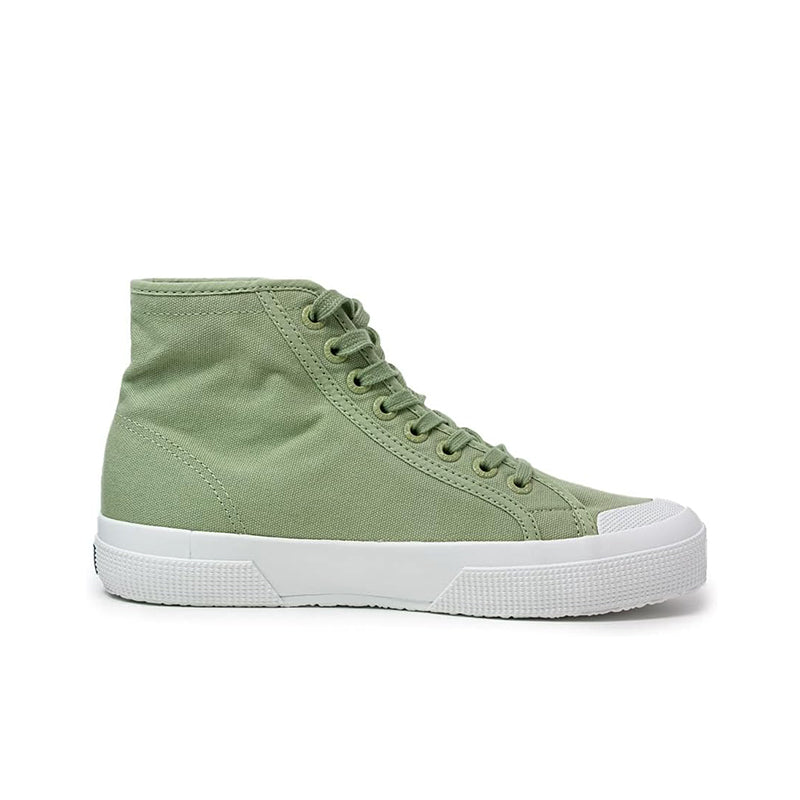 Green high-top lace-up canvas sneakers with white rubber sole, three-quarter view